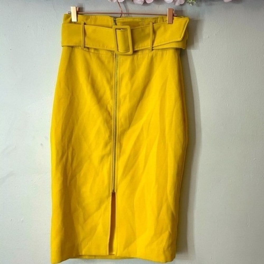 Jenn Yellow Belted Pencil Skirt Front Zip Midi Knee Length Size L - Picture 2 of 4